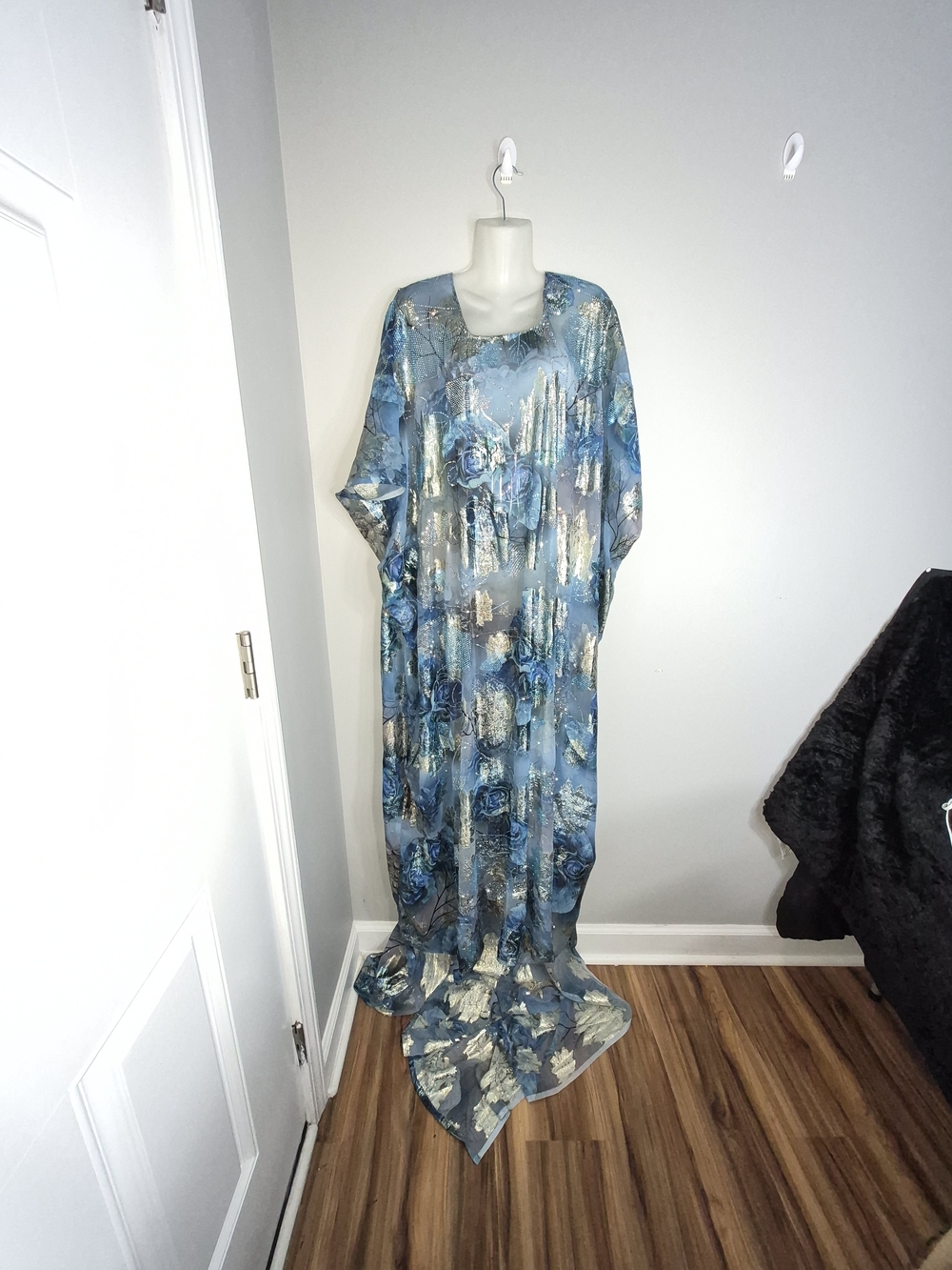 Blue Floral Maxi Caftan Dress with Metallic Accents